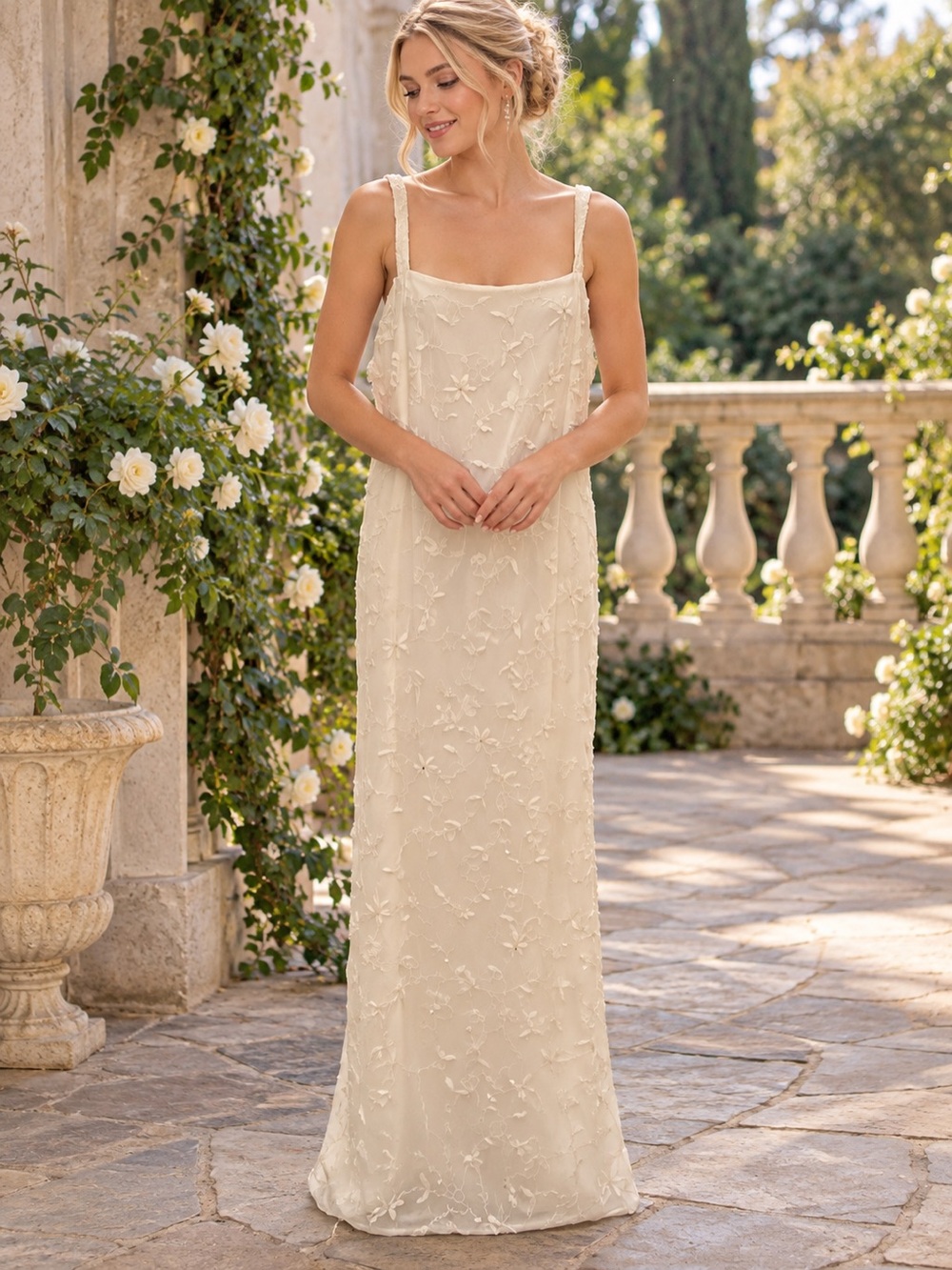 Vintage “J7” Scala Ivory 100% Silk Floral Beaded Wedding Bridal Gown